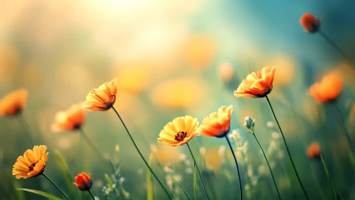Gentle orange wildflowers lean toward soft morning sunlight