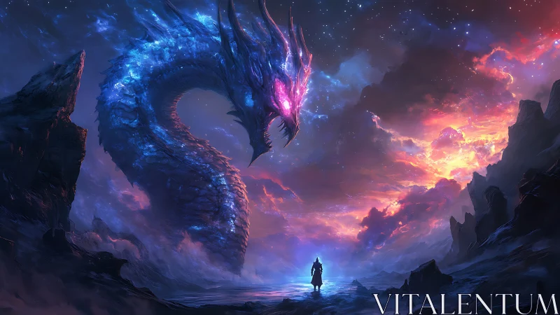 Cosmic serpent confronts lone warrior in nebular twilight sky.