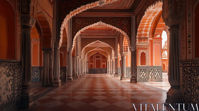 Radiant palace corridor invites quiet walks through carved arches