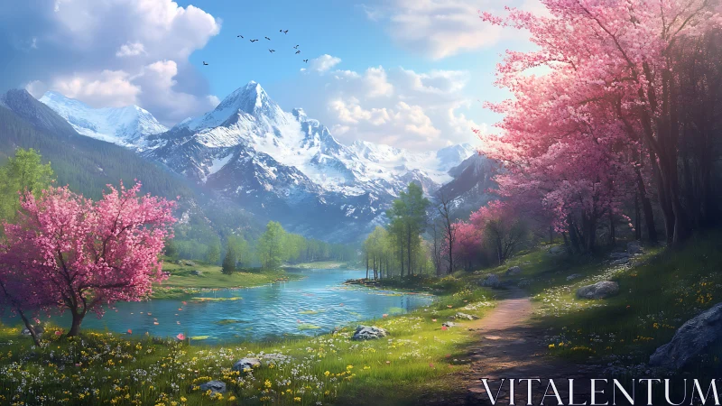 Peaceful spring path by a sparkling mountain river.