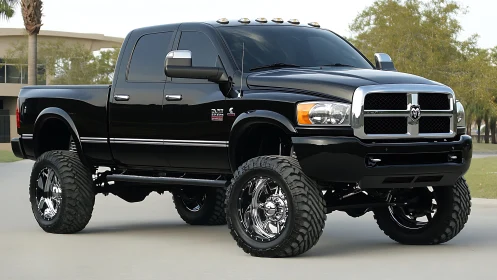 Lifted black Dodge Ram pickup truck on custom off-road wheels.