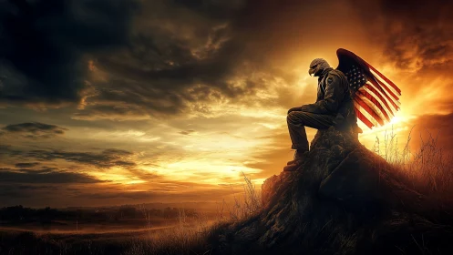 Winged soldier broods at sunset, honoring silent sacrifice