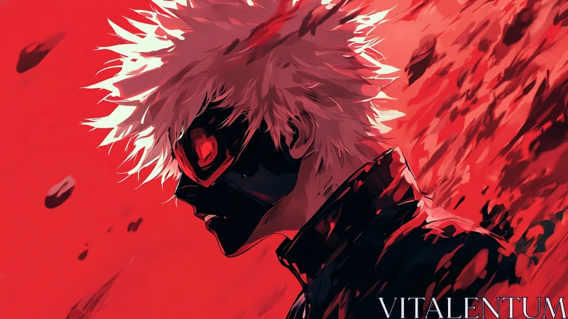 Side profile shows masked figure amid dense red motion field