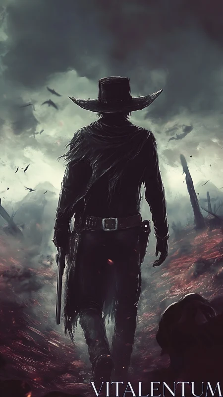 Silhouetted gunslinger walks through scorched, smoky terrain