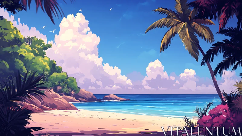 Tropical Beach Paradise. Golden Palms Frame Crystalline Lagoon.