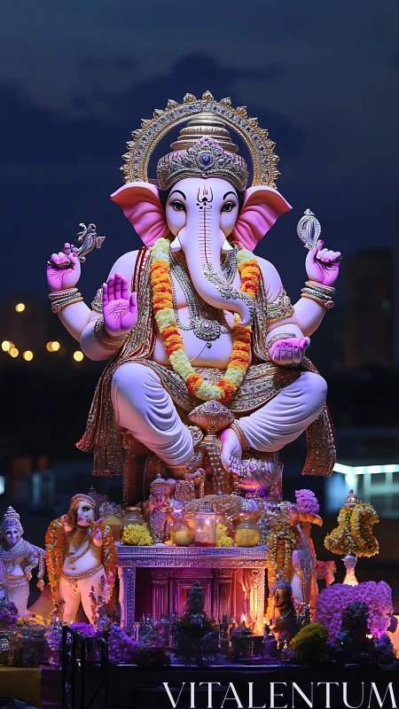 Illuminated Ganesh idol with floral garlands at dusk festival