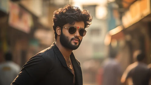 Urban shallow‑focus portrait with bokeh‑rich street ambience.