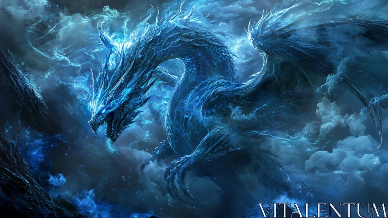 Mythic ice dragon surges through stormlit cobalt clouds.