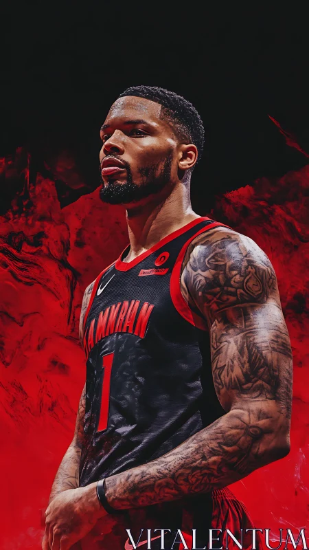 Basketball player in red and black uniform stands against abstract red