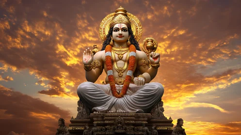 Golden Hindu deity statue sits before dramatic sunset sky