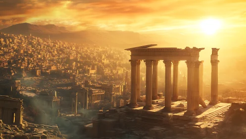 Solar-illuminated neoclassical ruins above dense hillside metropolis.