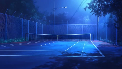 Moonlit tennis court dreaming in electric midnight blue.