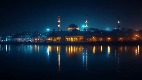 Golden waterfront mosque glows softly under deep blue night