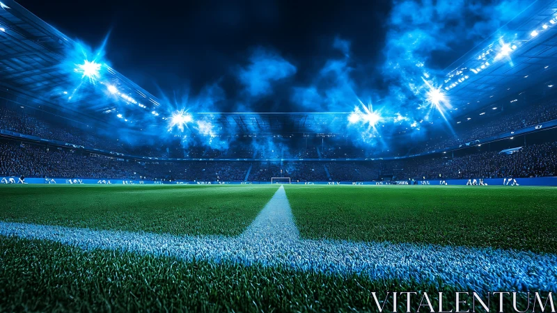Football stadium pitch under intense blue floodlighting