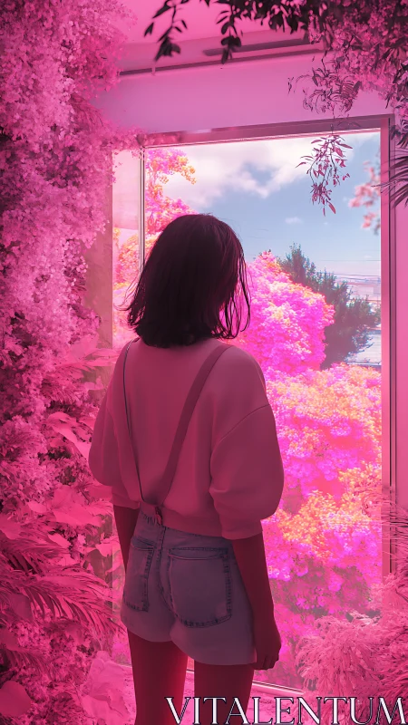 Girl lingers in a neon pink doorway between worlds