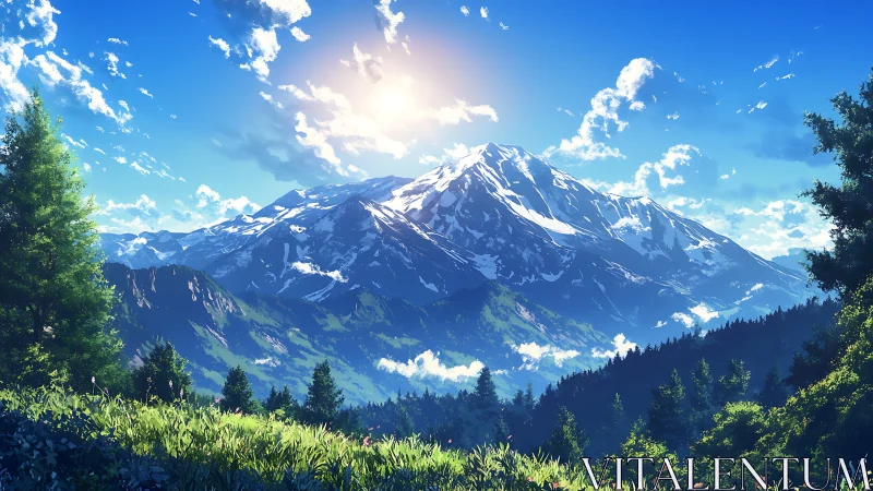 Sunlit alpine giant crowned in drifting cloud and crystal sky.