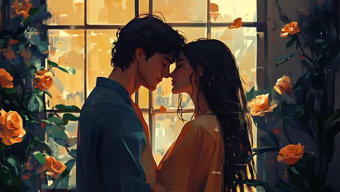 Two figures share an intimate moment beside glowing window with golden roses.
