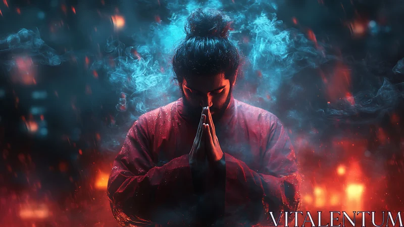 Meditating warrior stands amid swirling fire and smoke.