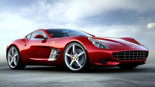 Crimson supercar prowls an open highway of polished sky.