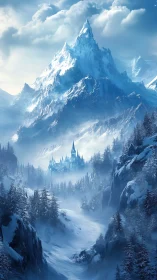 Frozen mountain citadel under towering winter spires.