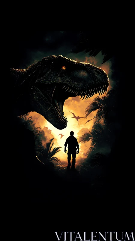 Daring explorer strides toward blazing jungle light and jaws