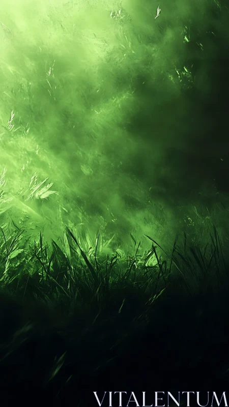 Emerald mist sweeps over shadowed grass in eerie twilight