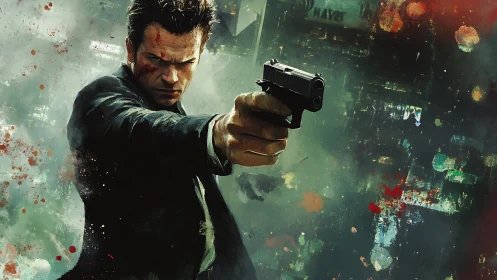 Gritty gunman illustration with urban chaos backdrop.