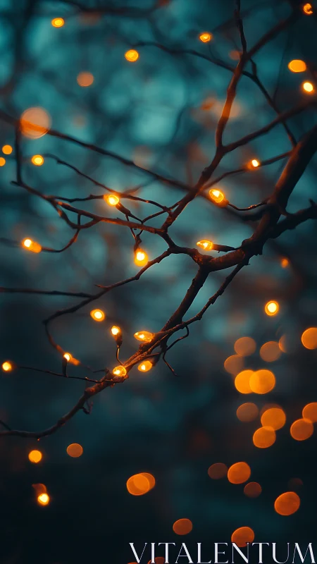 Copper fairy lights twined through dusk forest branches.