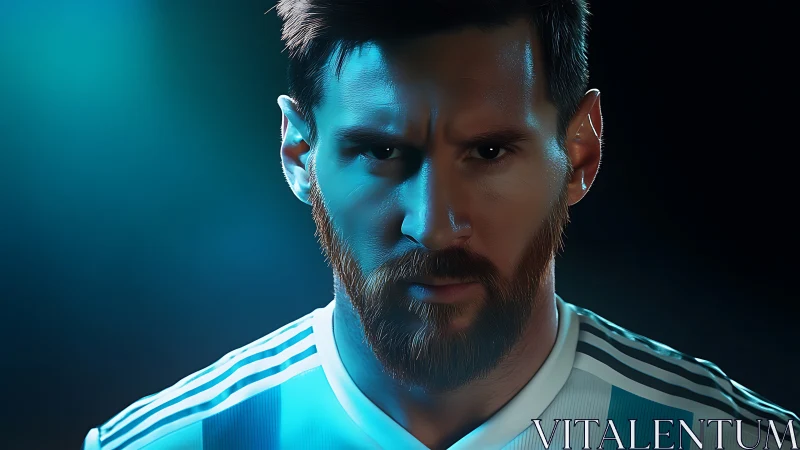 Intense footballer portrait under dramatic teal lighting.