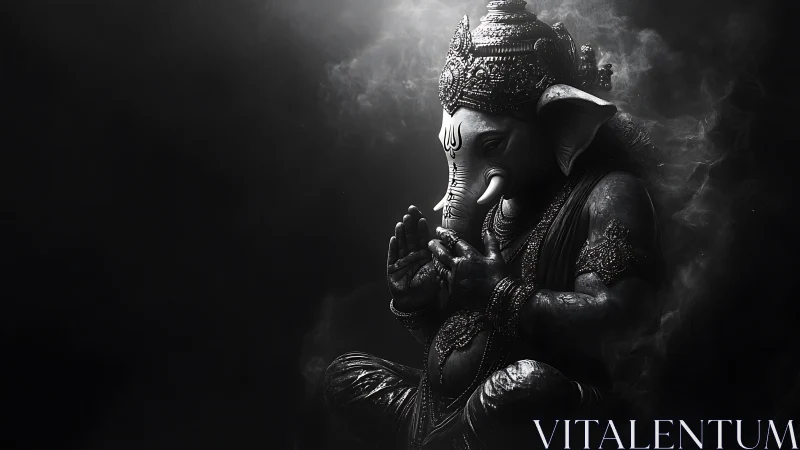 Ganesha idol glows from shadowed smoke with intricate detail
