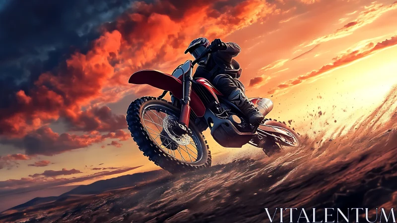 Sunset dirt bike fury carving fire across stormy skies.