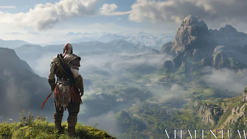 Armored warrior surveys volumetric fog over vast mountain valley