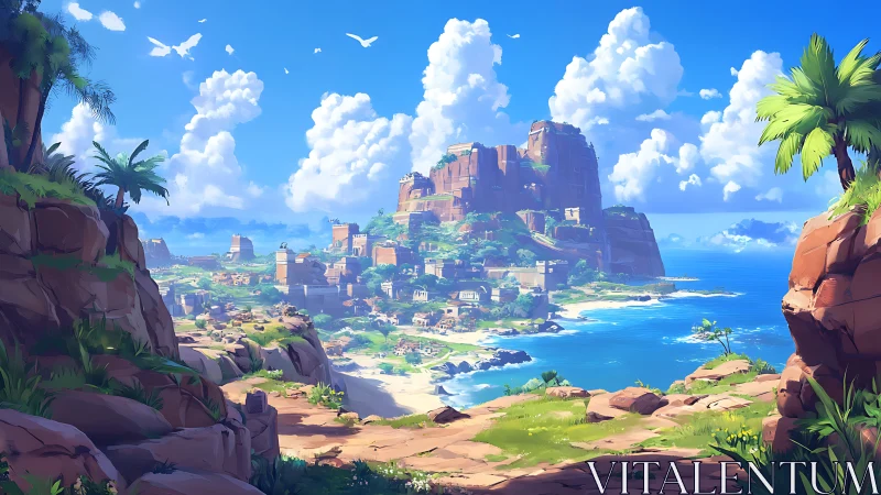 Tropical Fortress Settlement Overlooking Azure Waters.