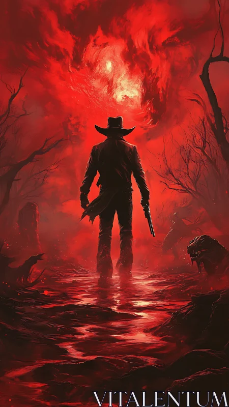 Lone armed figure in red infernal landscape with creatures.