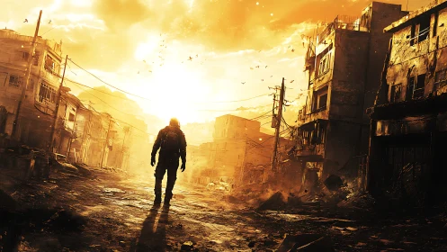 Lone survivor strides toward a blazing golden horizon