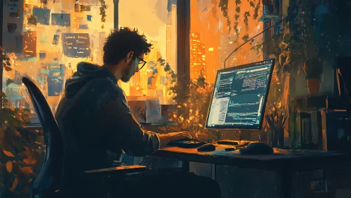 Programmer works at desktop in warm sunset city office