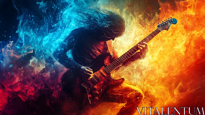 Rock guitarist silhouette framed by blue and orange flames.