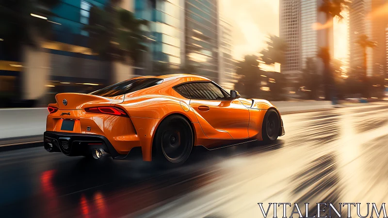 Aerodynamic orange coupe on wet urban boulevard at speed.