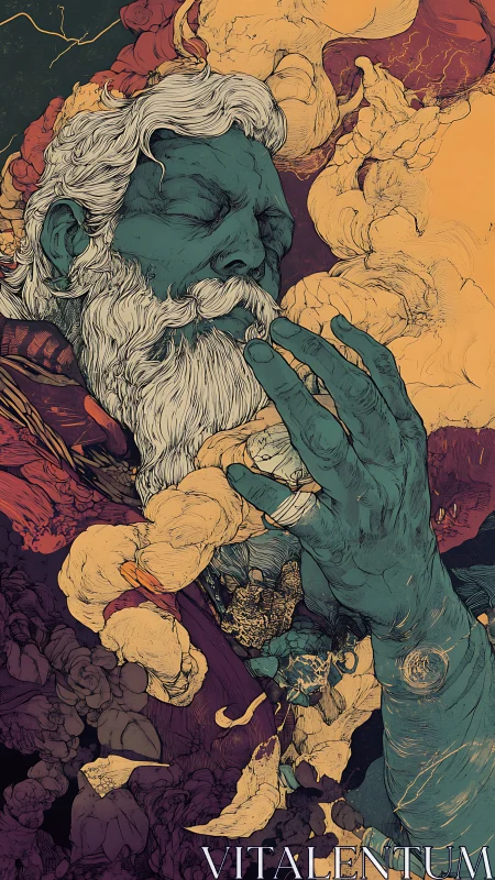 Dreaming sage in swirling ochre smoke clouds illustration.