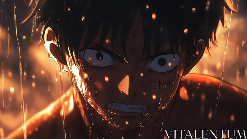 Rain‑soaked anime hero burns with fierce unbroken resolve.