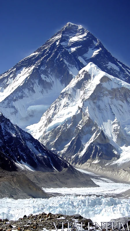 High altitude glaciated peak with stratified rock faces under clear sky