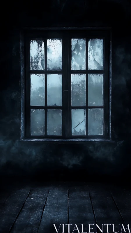 Moisture-streaked window in dark interior with volumetric fog