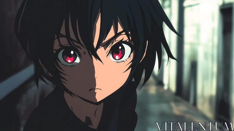 Serious red eyed anime boy in narrow urban corridor.