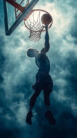 Basketball player soars for powerful dunk through misty light.