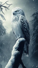 Snowy owl stands vigilant on frosty branch in winter storm.
