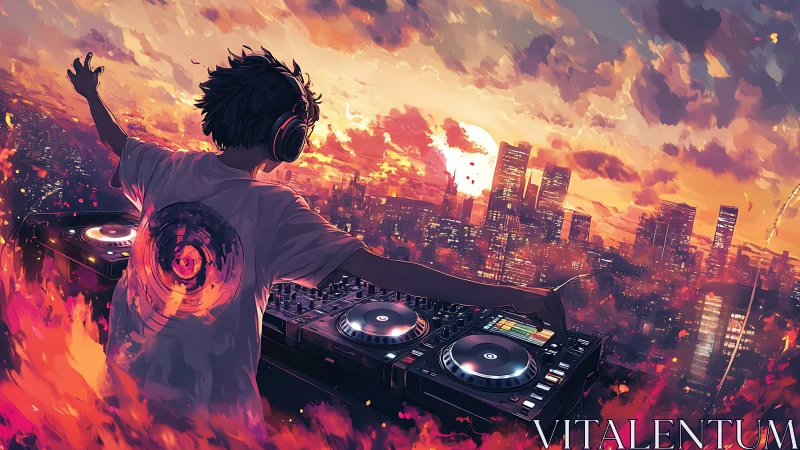 DJ performing above city skyline at vivid sunset.