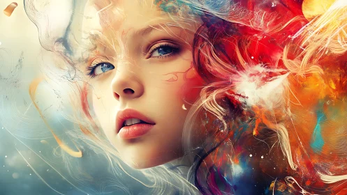 Surreal portrait merges ethereal female face with radiant nebula