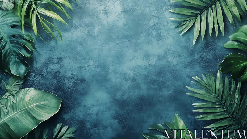 Tropical foliage border on textured teal painted backdrop.