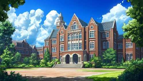 Red brick campus hall under vivid summer sky. Period.