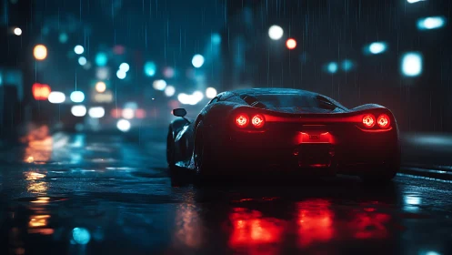 Supercar taillights glow through neon rain on wet city street
